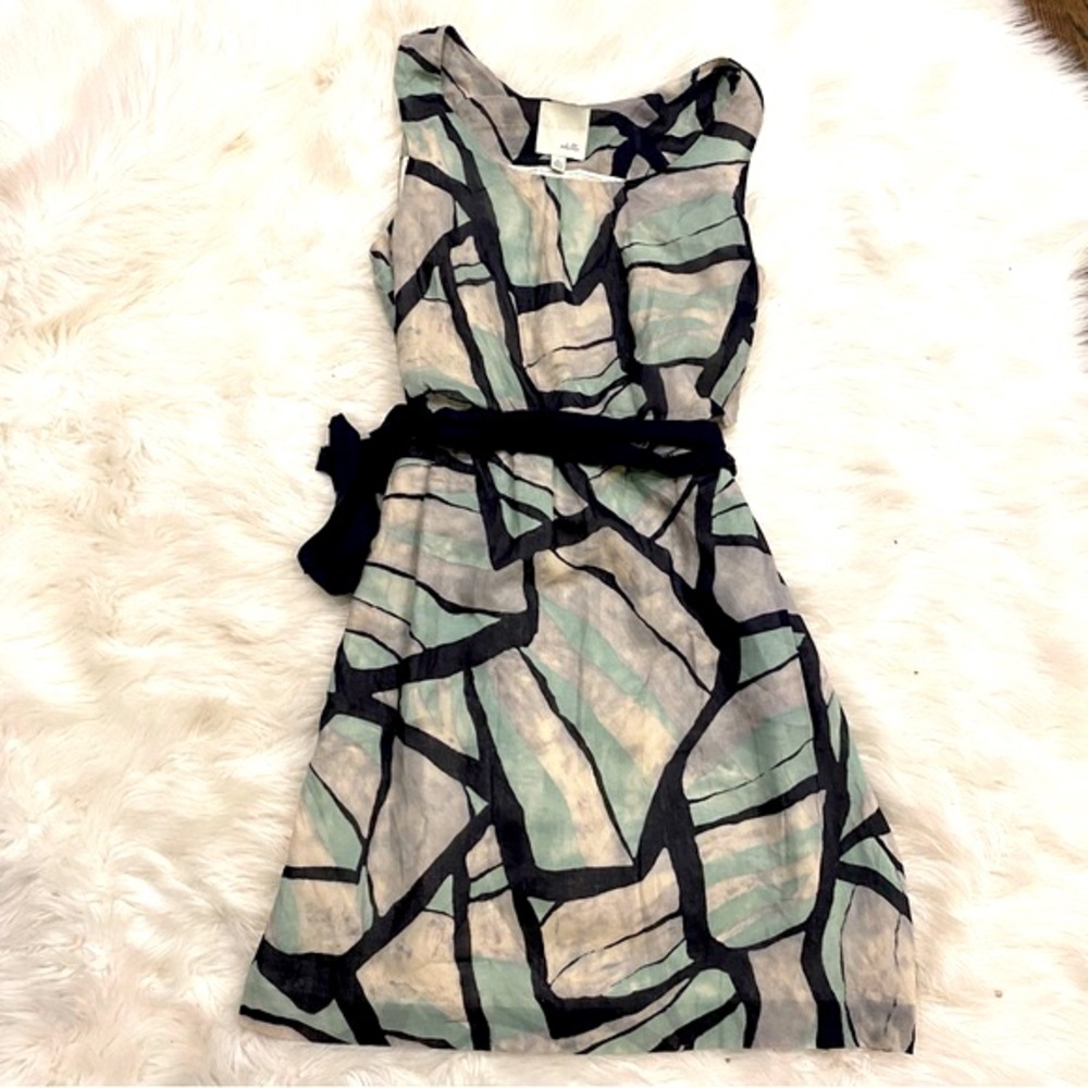 Anthropologie Black and Mint Geometric Belted Dress